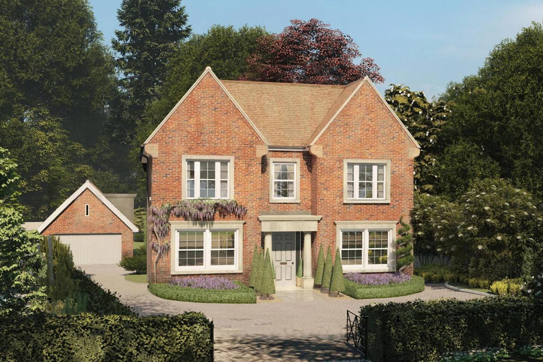 Red-brick detached home with twin gables, a columned entrance and landscaped gardens — new-home design inspiration