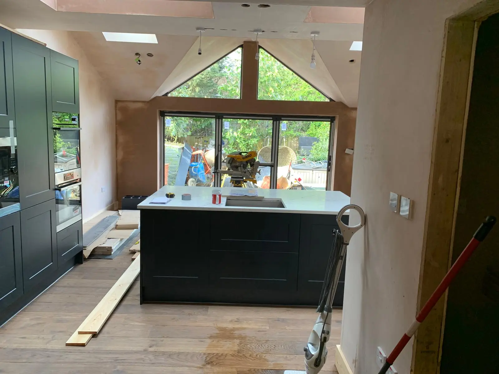 Bright completed kitchen extension with a vaulted ceiling